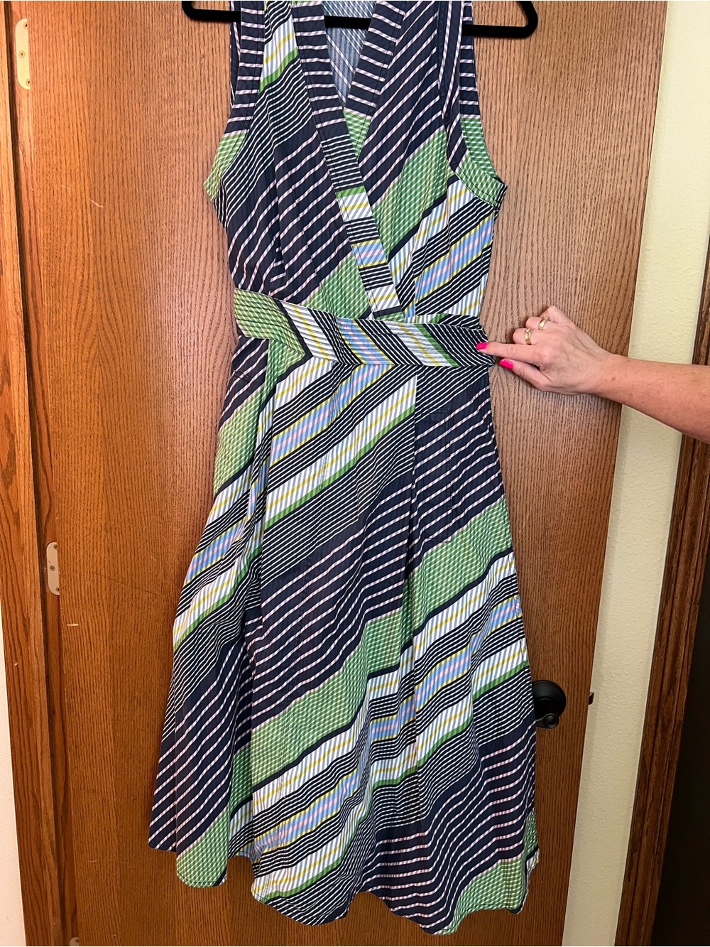 Tory Burch Sleeveless Striped Wrap-Style Midi Dress in Navy & Green - Picture 2 of 3